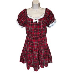 Hot Topic Red Plaid Babydoll Milkmade Tiered Puffed Mini Dress bow front Large